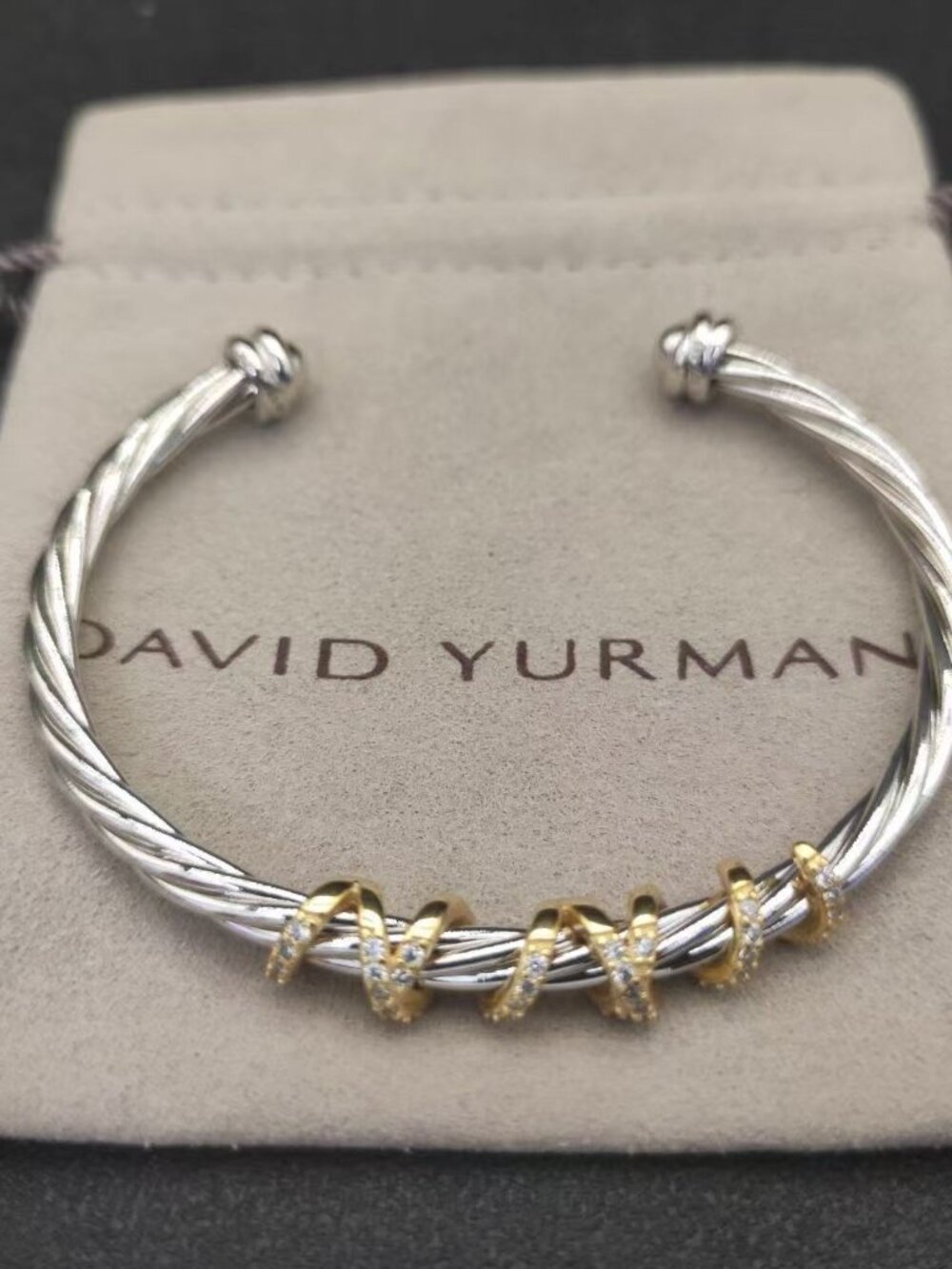 David Yurman Two‑Tone Diamond Cable Open Cuff Bracelet